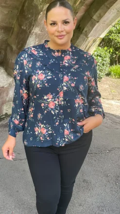 CurveWow Frill Detail Blouse Floral Navy