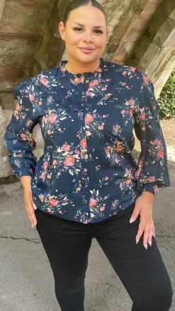 CurveWow Frill Detail Blouse Floral Navy