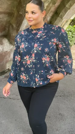 CurveWow Frill Detail Blouse Floral Navy