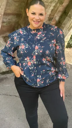 CurveWow Frill Detail Blouse Floral Navy