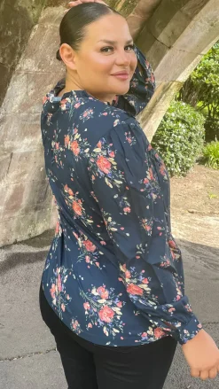 CurveWow Frill Detail Blouse Floral Navy