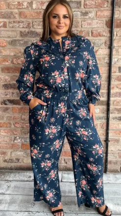 CurveWow Frill Detail Blouse Floral Navy