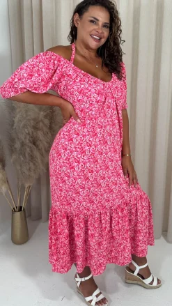 CurveWow Frill Hem Halter Tie Midi Dress Red/Pink Floral