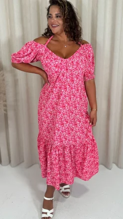 CurveWow Frill Hem Halter Tie Midi Dress Red/Pink Floral