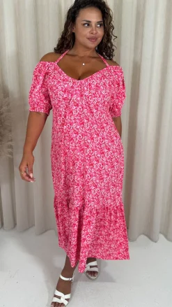 CurveWow Frill Hem Halter Tie Midi Dress Red/Pink Floral