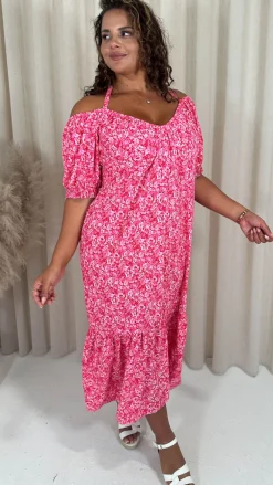 CurveWow Frill Hem Halter Tie Midi Dress Red/Pink Floral