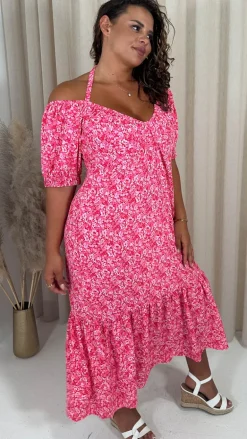 CurveWow Frill Hem Halter Tie Midi Dress Red/Pink Floral