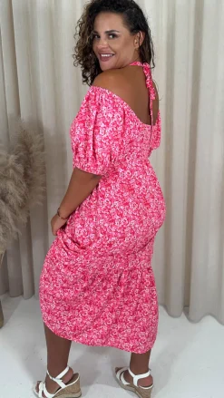 CurveWow Frill Hem Halter Tie Midi Dress Red/Pink Floral