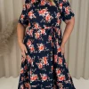 CurveWow Frill Hem Midi Dress Navy Orange Floral