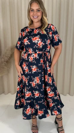 CurveWow Frill Hem Midi Dress Navy Orange Floral