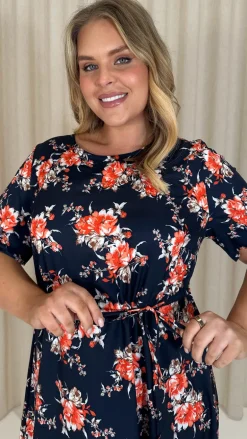 CurveWow Frill Hem Midi Dress Navy Orange Floral
