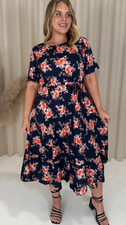 CurveWow Frill Hem Midi Dress Navy Orange Floral