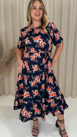 CurveWow Frill Hem Midi Dress Navy Orange Floral