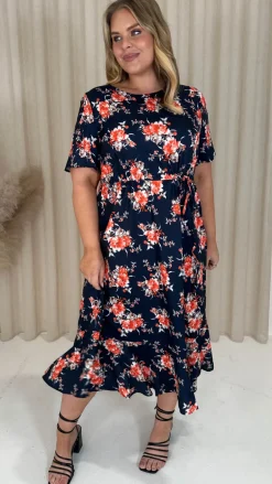 CurveWow Frill Hem Midi Dress Navy Orange Floral