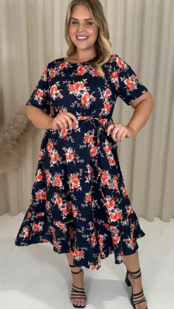 CurveWow Frill Hem Midi Dress Navy Orange Floral