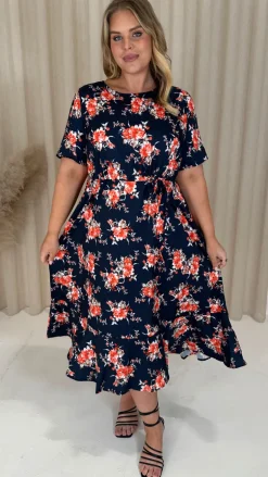 CurveWow Frill Hem Midi Dress Navy Orange Floral