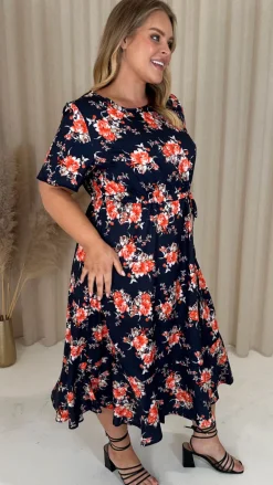 CurveWow Frill Hem Midi Dress Navy Orange Floral