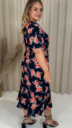 CurveWow Frill Hem Midi Dress Navy Orange Floral