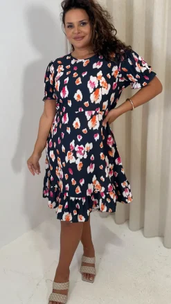 CurveWow Frill Hem Puff Sleeve Tea Dress Navy Animal