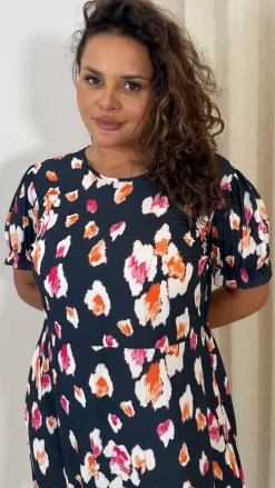 CurveWow Frill Hem Puff Sleeve Tea Dress Navy Animal