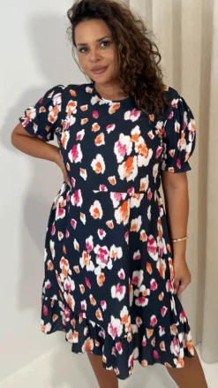 CurveWow Frill Hem Puff Sleeve Tea Dress Navy Animal