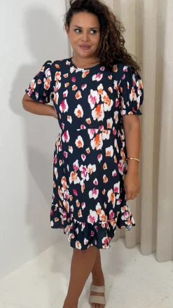 CurveWow Frill Hem Puff Sleeve Tea Dress Navy Animal