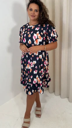 CurveWow Frill Hem Puff Sleeve Tea Dress Navy Animal