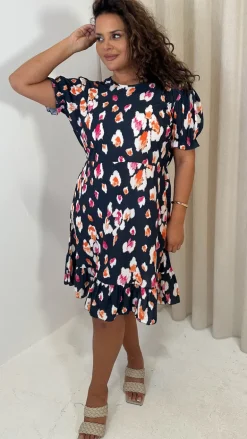 CurveWow Frill Hem Puff Sleeve Tea Dress Navy Animal
