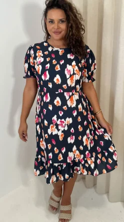 CurveWow Frill Hem Puff Sleeve Tea Dress Navy Animal