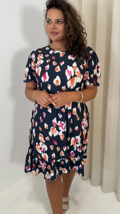 CurveWow Frill Hem Puff Sleeve Tea Dress Navy Animal