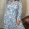 CurveWow Frill Hem Tie Waist Shirt Dress Blue Floral