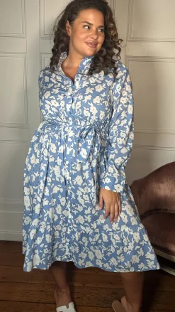 CurveWow Frill Hem Tie Waist Shirt Dress Blue Floral