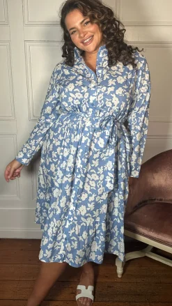 CurveWow Frill Hem Tie Waist Shirt Dress Blue Floral