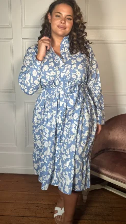 CurveWow Frill Hem Tie Waist Shirt Dress Blue Floral