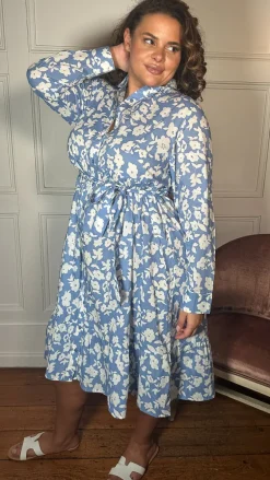 CurveWow Frill Hem Tie Waist Shirt Dress Blue Floral