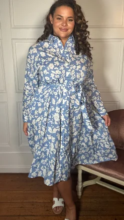 CurveWow Frill Hem Tie Waist Shirt Dress Blue Floral