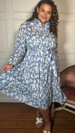 CurveWow Frill Hem Tie Waist Shirt Dress Blue Floral