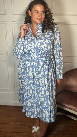 CurveWow Frill Hem Tie Waist Shirt Dress Blue Floral