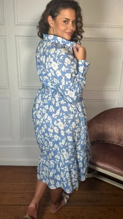 CurveWow Frill Hem Tie Waist Shirt Dress Blue Floral