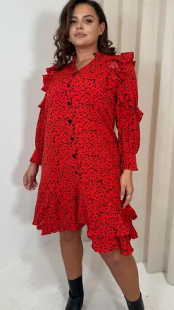 CurveWow Frill Shirt Dress Red Animal