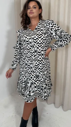 CurveWow Frill Shirt Dress Mono Abstract
