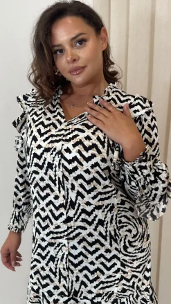 CurveWow Frill Shirt Dress Mono Abstract