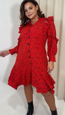 CurveWow Frill Shirt Dress Red Animal