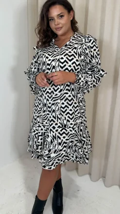 CurveWow Frill Shirt Dress Mono Abstract