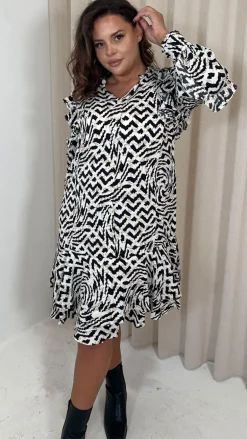 CurveWow Frill Shirt Dress Mono Abstract