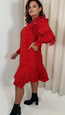 CurveWow Frill Shirt Dress Red Animal