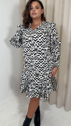 CurveWow Frill Shirt Dress Mono Abstract
