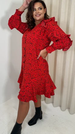 CurveWow Frill Shirt Dress Red Animal