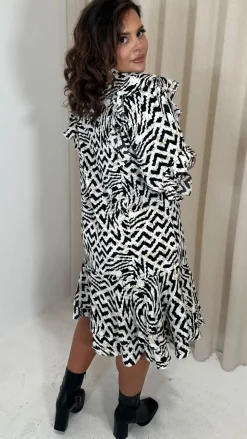 CurveWow Frill Shirt Dress Mono Abstract