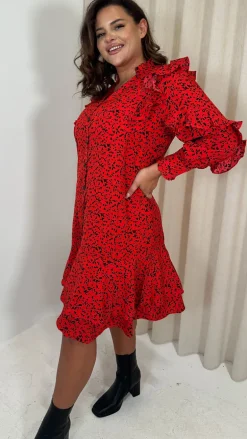 CurveWow Frill Shirt Dress Red Animal